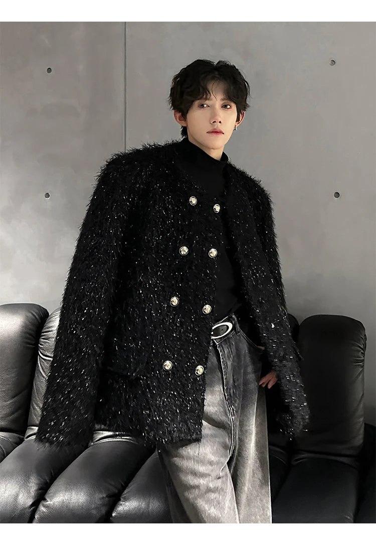 men double breasted french streetwear retro fashion loose casual tassels woolen short jacket man korean coat outerwear unique shorts style 1288