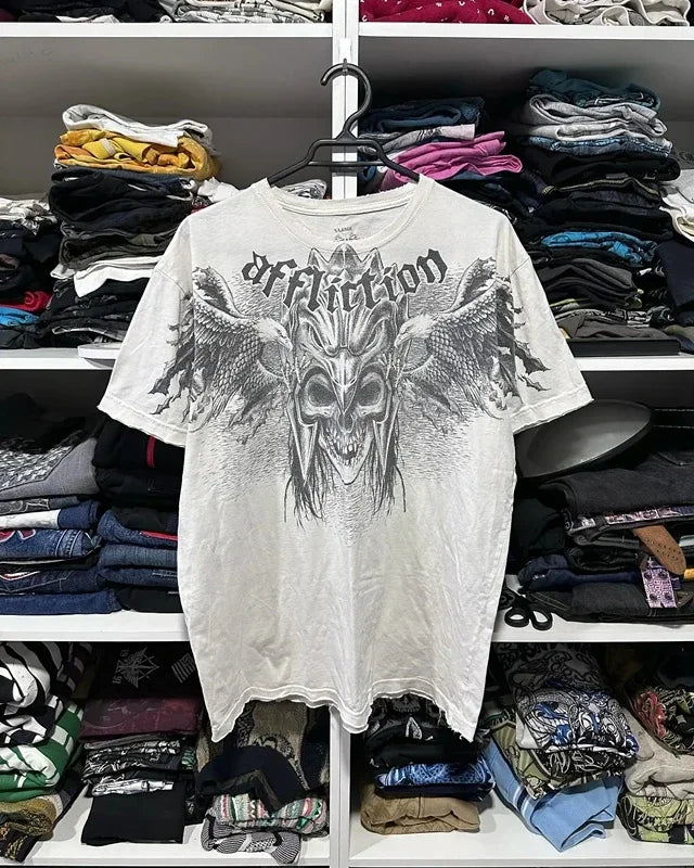 Street Y2K New Popular Gothic Printed Cotton T-shirt Men Harajuku Hip Hop Retro Loose Short Sleeved Couple Casual Joker T-shirt Street King Limited