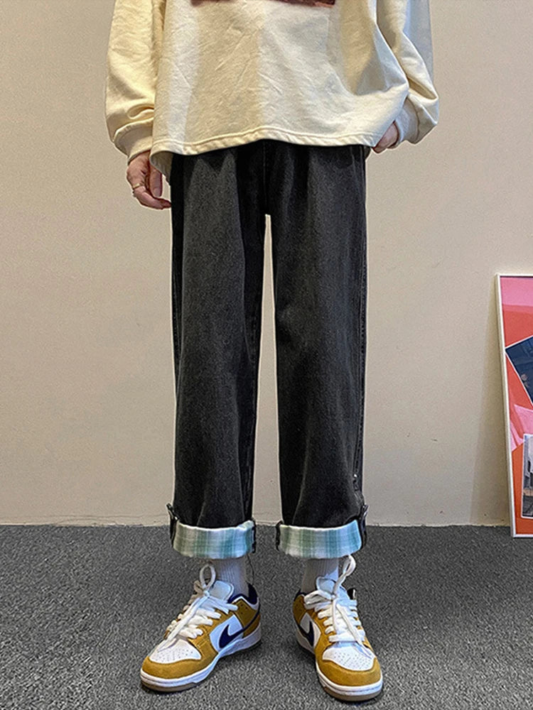 autumn plaid cuffs wide leg jeans for men high street fashion straight denim pants mujer elastic y2k baggy blue jean trousers unique jeans style 842