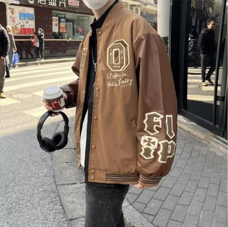 american retro mens baseball uniform street harajuku patchwork leather loose jackets color block towel embroidery trend coats unique default style 2936
