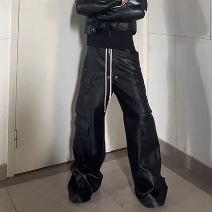 ro style matte pu leather pants for men high street y2k pantalones hombre baggy overall wide leg drawstring cargo pants combat utility trousers