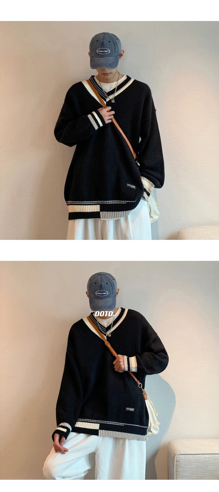 Pullovers Men Sweater Patchwork Ins Fashion Winter Design Couple V-neck Harajuku Knitwear Loose Students Simple Ropa Para Hombre Street King Limited