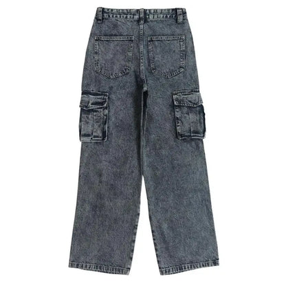 fashion loose streetwear cargo denim jeans unisex casual multi pocket wide legs jean pants hip hop joggers mens baggy jeans unique joggers style 1963