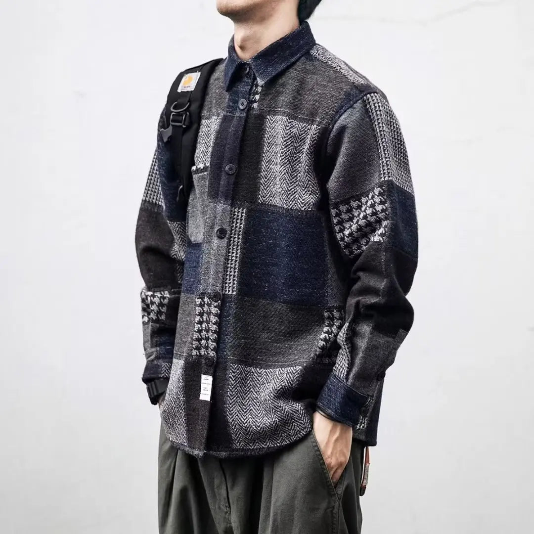 Autumn And Winter Japanese Vintage Splicing Plaid Shirt Men's Brushed Long-Sleeved Casual Thickened Versatile Woolen Shirt Street King Limited