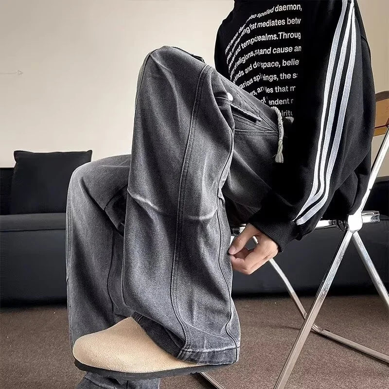 2025 new hip hop multi pockets straight jeans for men high street cargo denim pants spring y2k vintage distressed baggy jean military streetwear pants