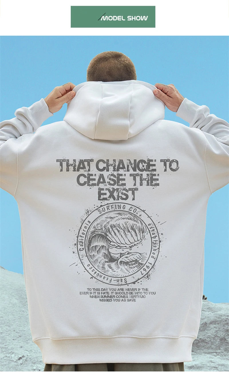 Wave Graphics Letter Print Loose Casual Fleece Hoodies For Men Autumn Retro High Street Oversized Hooded Sweatshirts Y2K Clothes Street King Limited