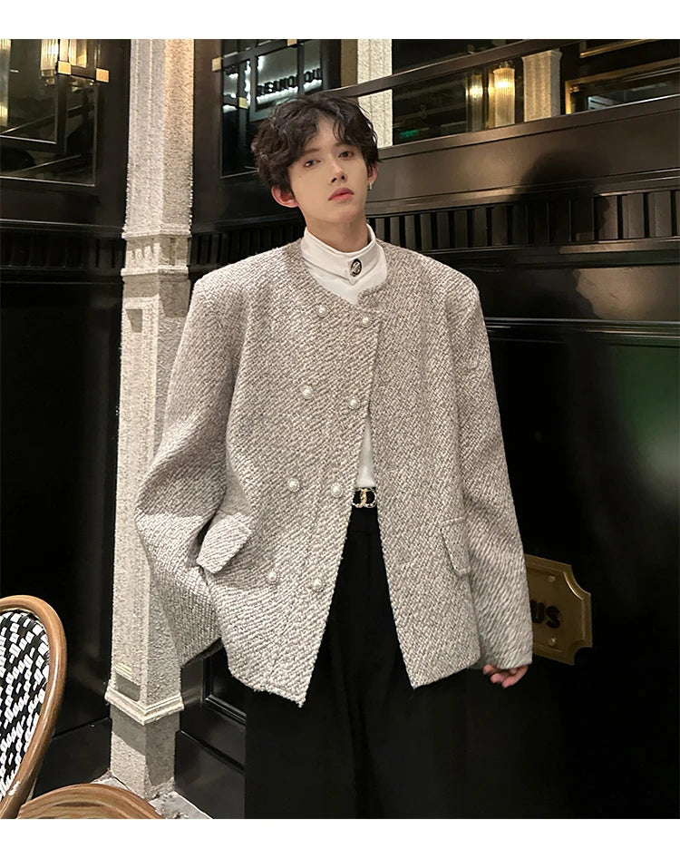 men double breasted french retro loose casual woolen short jacket man korean streetwear show fashion coat autumn outerwear unique shorts style 1318