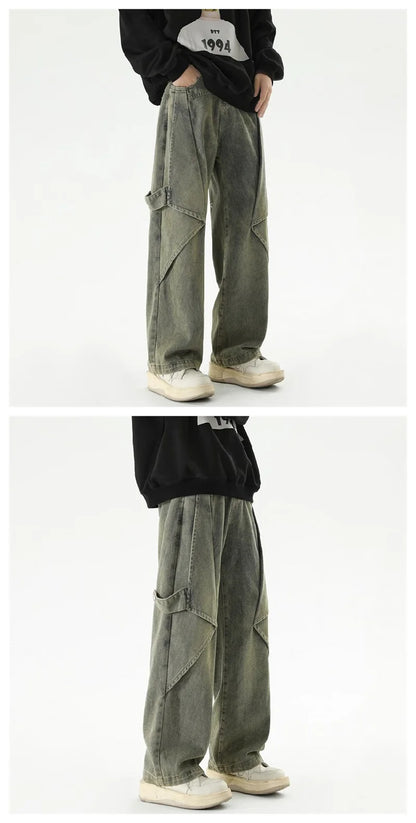 2024 new hip hop wide leg jeans for men washed distressed baggy denim trousers high street deconstruction cargo jean y2k pants unique cargo style 443