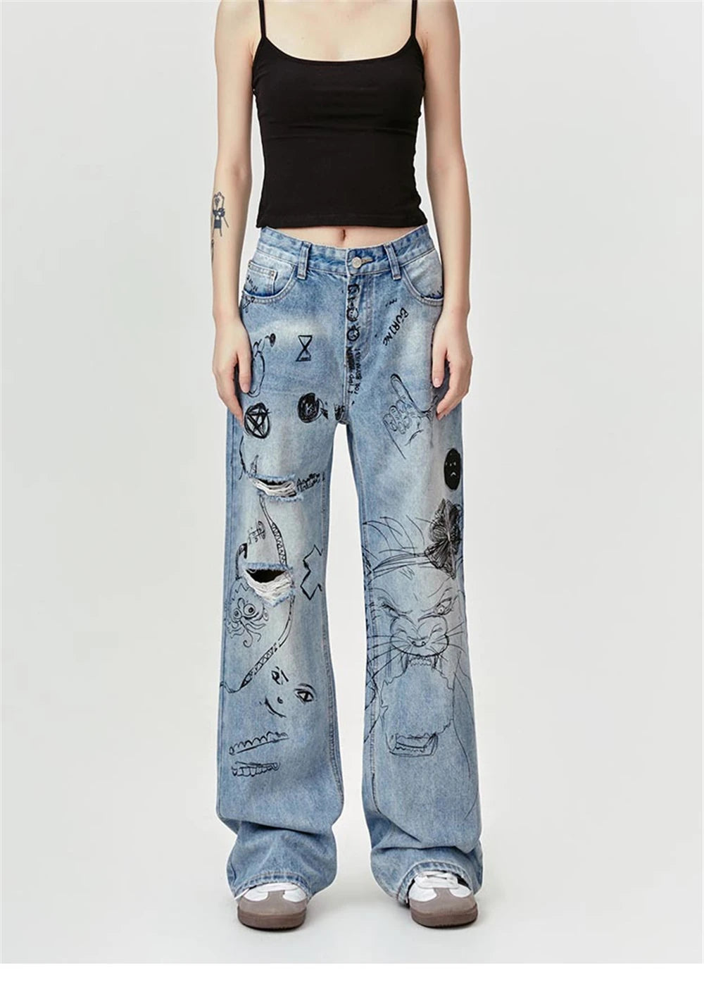 men baggy ripped jeans graffiti printed straight denim pants distressed jeans male streetwear hip hop jeans trousers y2k unique jeans style 5504