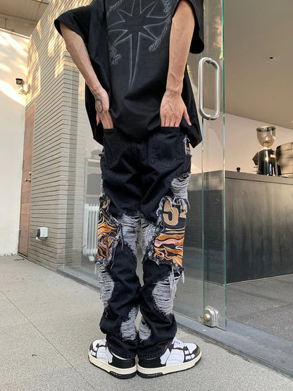 fashion embroidery destroyed ripped tassel holes denim jean pants mens casual loose straight jeans hip hop streetwear joggers unique joggers style 3333