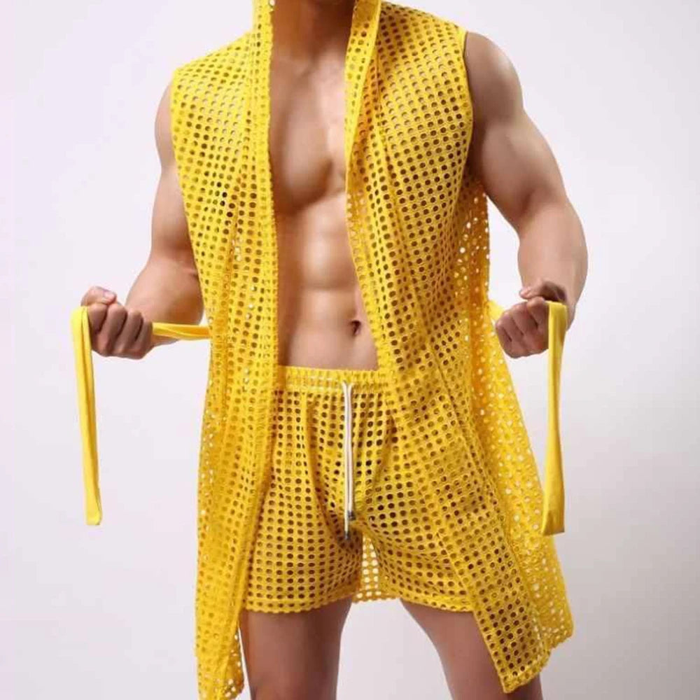 Men Robes Brand Male Sexy Bathrobe Sleepwear Sleeveless Bath Robe Sleep Lounge Badjas Cutout Cardigan Loungewear Mesh Menswear Street King Limited