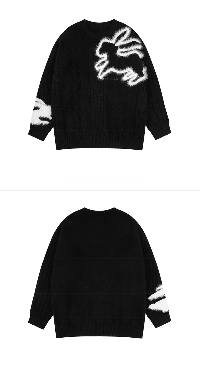 Mens Streetwear Cable Sweater 2023 Fashion Rabbit Pattern Hip Hop Knitted Sweater Pullover Casual Cotton Sweater Unisex Clothes Street King Limited