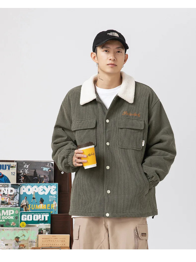 fashion men lamb fleece polo collar cotton padded coat winter embroidery loose thicken warm corduroy wadded jacket male outwear unique default style 6044