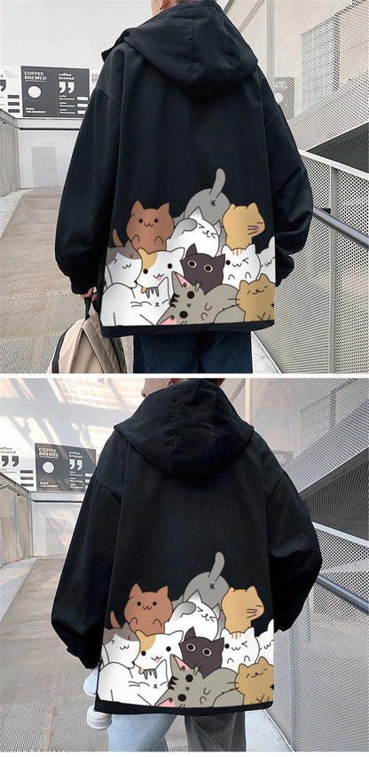 Black Cat Print Baseball Jacket Boys Long Sleeve Loose Ins Harajuku High Street Tops Streetwear Gothic Gray Bomber Jacket Men Street King Limited