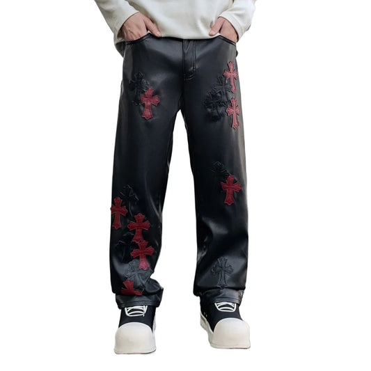 leather pant men streetwear brand hip hop loose casual straight leather motorcycle pant man y2k trousers stage clothing menswear bottoms