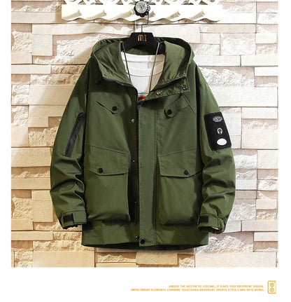 men jacket fashion 2024 army green punch jackets oversized hooded jacket collage zip design patch outdoor coat unique default style 6091