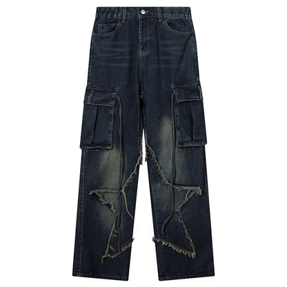 Men Casual Jeans Stitch Star Raw Edge Cargo Pants Y2K High Street Denim Trouser American Vintage Straight Baggy Jeans Unisex Street King Limited