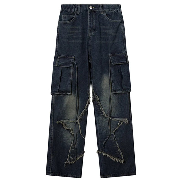 Men Casual Jeans Stitch Star Raw Edge Cargo Pants Y2K High Street Denim Trouser American Vintage Straight Baggy Jeans Unisex Street King Limited