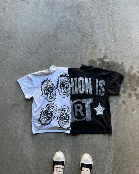 Y2K American Short-sleeved Cartoon Printed Oversized T-shirt Men 2023 Pure Cotton High Street Fashion Brand Loose Top Women Street King Limited