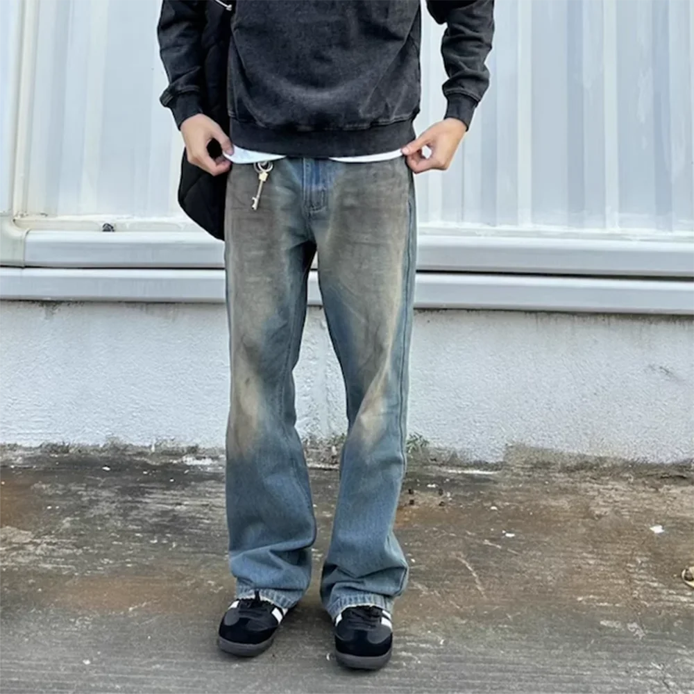 handmade distressed mud dyed dirty baggy blue jeans for men straight baggy casual overalls harajuku loose denim trousers urban skinny jeans