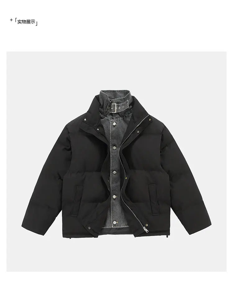 Winter Splice Denim Cotton-padded Jacket Men Women Stand Collar Fashion Loose Casual Thicken Warm Parkas Jacket Boyfriend Coat Street King Limited