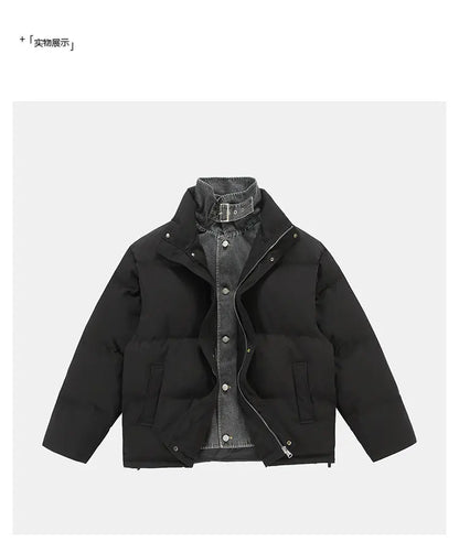 Winter Splice Denim Cotton-padded Jacket Men Women Stand Collar Fashion Loose Casual Thicken Warm Parkas Jacket Boyfriend Coat Street King Limited
