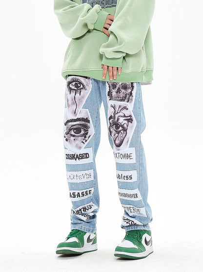 fashion skull graffiti patchwork denim jeans mens zipper jeans hip hop streetwear casual harajuku straight joggers jeans pants unique joggers style 5479