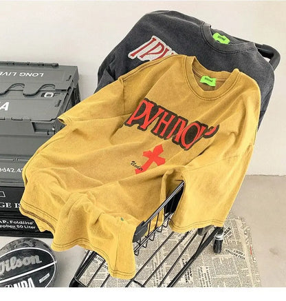 Cross short-sleeved T-shirt men's trendy brand ins American retro half-sleeved summer loose high street washed and distressed Street King Limited