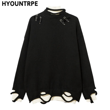 Men Knitted Sweater Harajuku Fake Two Pieces Loose Sweater Casual Ripped Holes Shoulder Long Sleeve Pullover Streetwear Sweaters Street King Limited