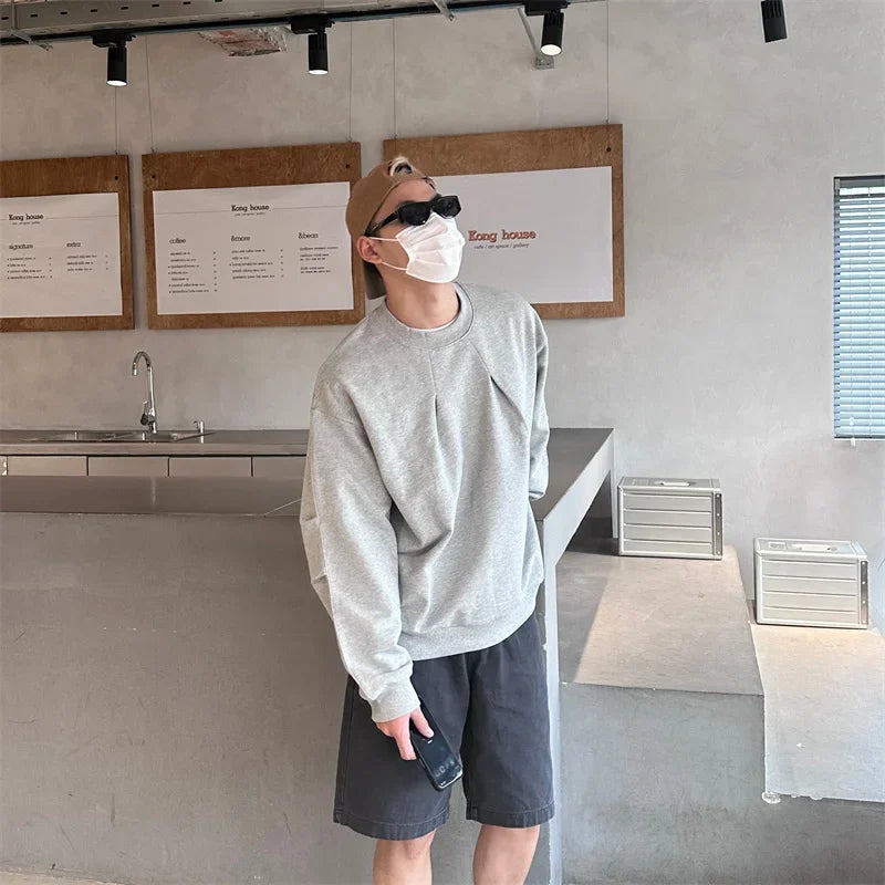 2024 Korean Fashion Crewneck Sweatshirts For Men Casual Design Pullover Y2K Hoodies Solid Color Streetwear Long Sleeve Tops Street King Limited