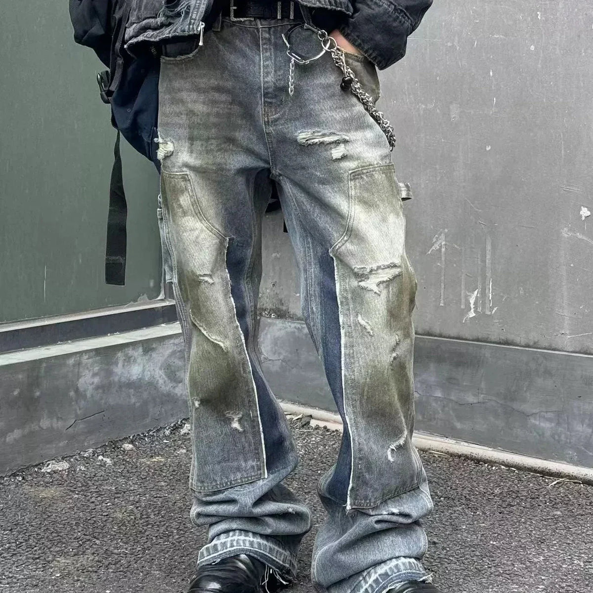 Streetwear Handmade Mud Dyed Dirty Blue Baggy Jeans for Men Distressed Hole Casual Patchwork Denim Trousers Oversized Street King Limited