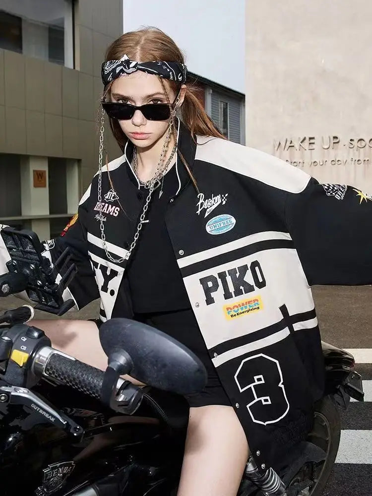 Spring and Autumn American letter printed motorcycle baseball jacket street style racing couple style goth  denim jacket women Street King Limited