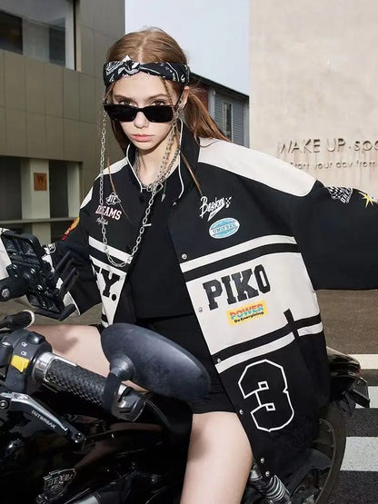 Spring and Autumn American letter printed motorcycle baseball jacket street style racing couple style goth  denim jacket women Street King Limited