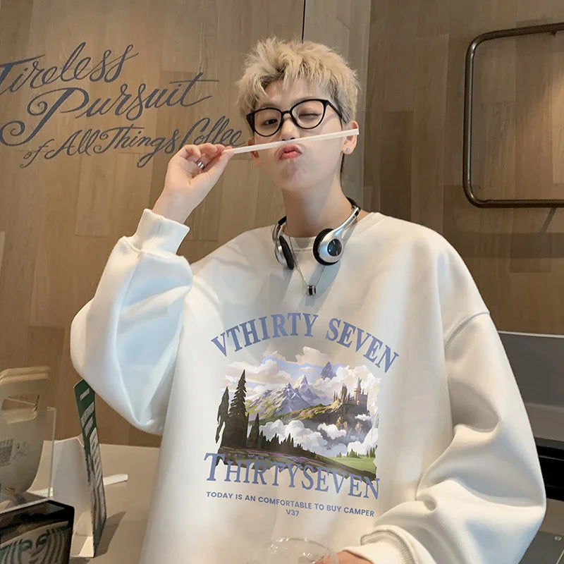 Autumn Oil Painting Landscape Print Cotton Sweatshirt Men Loose Casual Crewneck Pullover Hoodies Korean Fashion Y2K Clothing Street King Limited