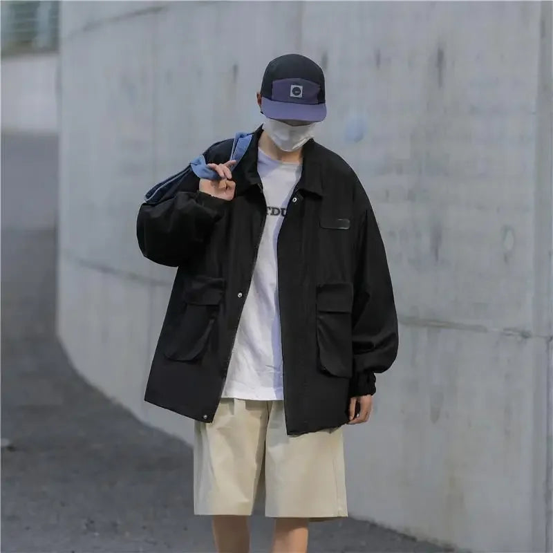 american casual cargo jacket for men autumn streetwear work zipper coat male varsity jackets loose chaquetas hombre clothes utility cargo pants