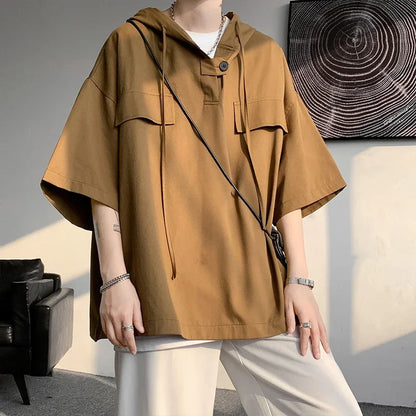 5 Colors Summer Hooded T shirt Men Korean Half Sleeve Pullover Streetwear Loose T-shirt Tops Drawstring Men Clothing Street King Limited