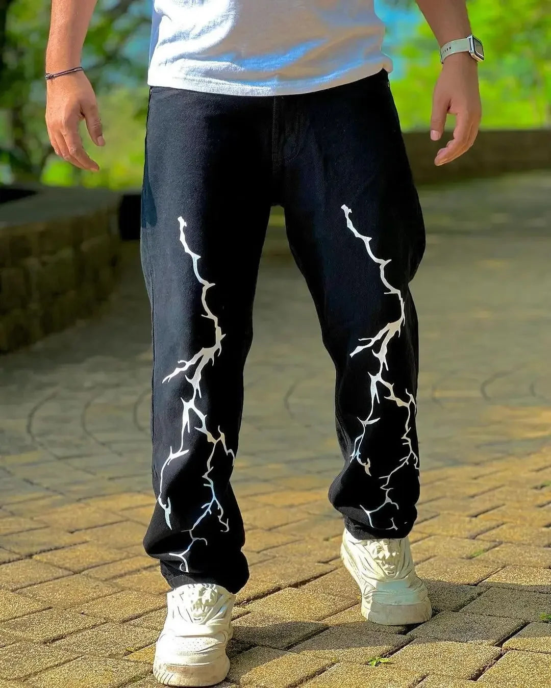 Harajuku fashion mens women’s jeans lightning graphic wide leg jean streetwear y2k denim cuples high waist pants men clothing Street King Limited