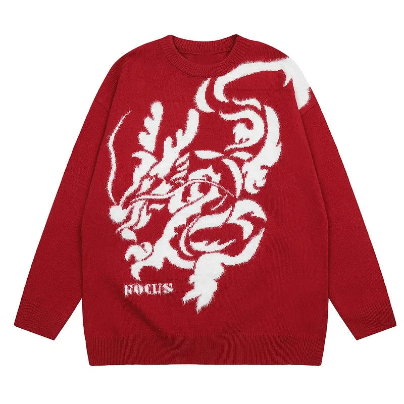 Men's Chinese Dragon Print Sweater New Year Limited Knitted Jumper Winter Oversized Thickened Warm Pullover Soft O-Neck Sweater Street King Limited