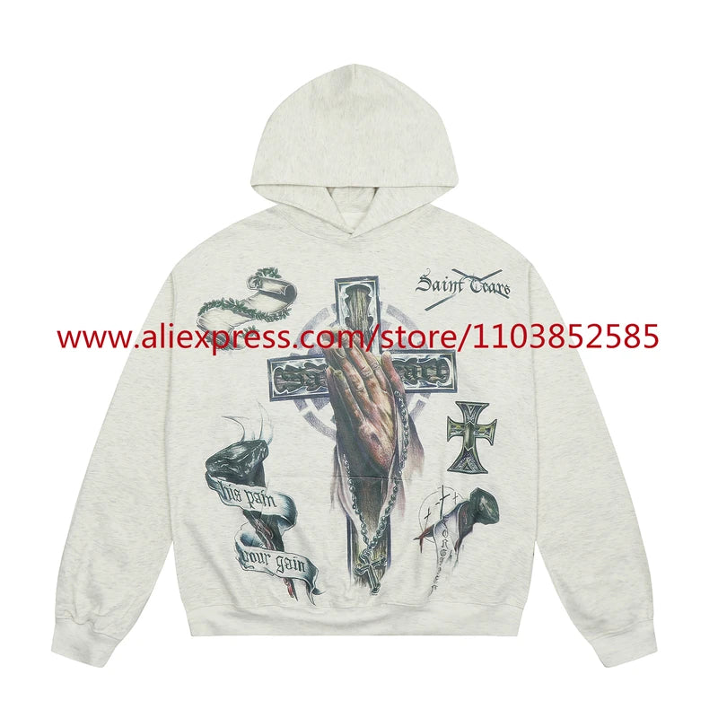 2024s Vintage Hoodie Sweatshirt Autumn/Winter High Street High Quality Cartoon Cross White Pigeon Print Oversize Tops Casual Street King Limited