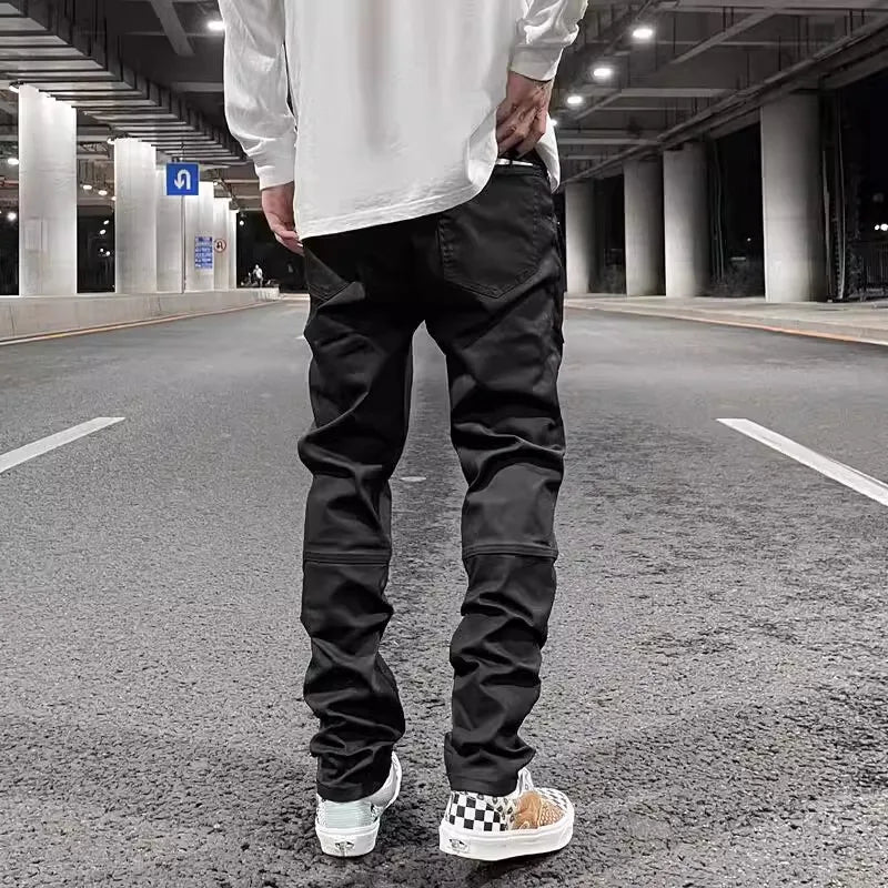 Y2k Front Pocket Wax Pu Leather Pants for Men Straight Slim Casual Overall Ropa Hombre High Street Loose Cargos Oversized Street King Limited