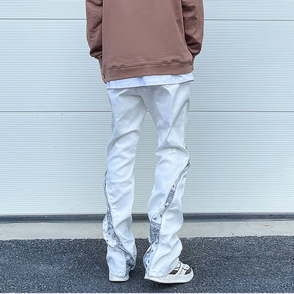 Curve Zipper Cashew Print Patchwork Jeans for Men Straight Black White Y2K Streetwear Casual Baggy Denim Trousers Oversized Street King Limited
