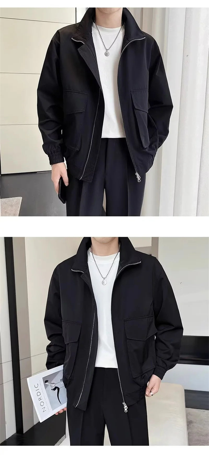 autumn solid color cargo jackets for men new korean fashion zipper cardigan coats stand collar streetwear bomber jacket hombre unique cargo style 1661