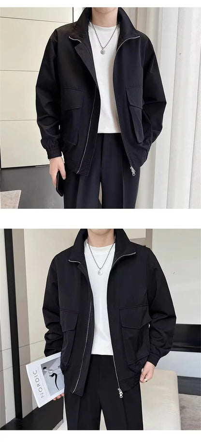 autumn solid color cargo jackets for men new korean fashion zipper cardigan coats stand collar streetwear bomber jacket hombre unique cargo style 1661