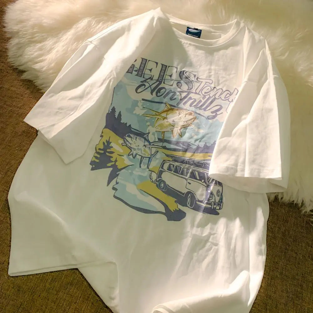 Pure cotton Japanese milk yellow cartoon car print short-sleeved T-shirt for men and women trendy loose and versatile clothes Street King Limited