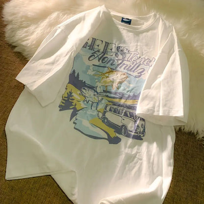 Pure cotton Japanese milk yellow cartoon car print short-sleeved T-shirt for men and women trendy loose and versatile clothes Street King Limited