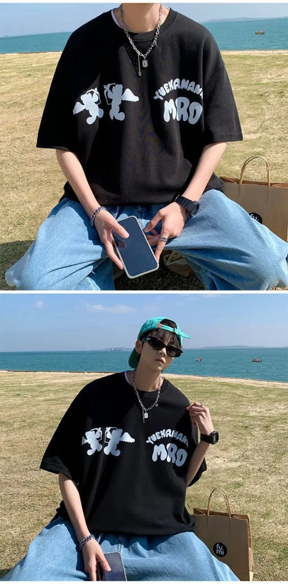 Korean street hip hop y2k printed men's T-shirt trendy brand Japanese retro loose Harajuku round neck sports half sleeved top Street King Limited