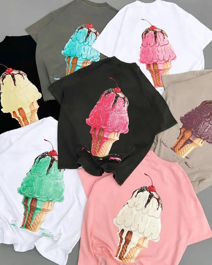 2024 summer new street style ice cream print short sleeve cotton T-shirt men Y2k top Gothic style Harajuku loose couple shirt Street King Limited