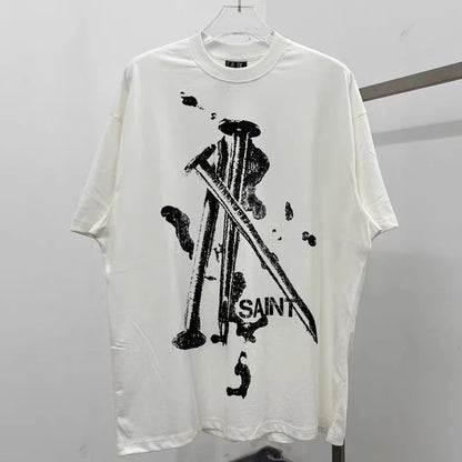 Summer New SAINT T-shirt Chaopai 3D Steel Nails Direct Spray Printing Cotton Loose Casual Men Woman Top Tees Street King Limited