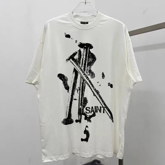 Summer New SAINT T-shirt Chaopai 3D Steel Nails Direct Spray Printing Cotton Loose Casual Men Woman Top Tees Street King Limited