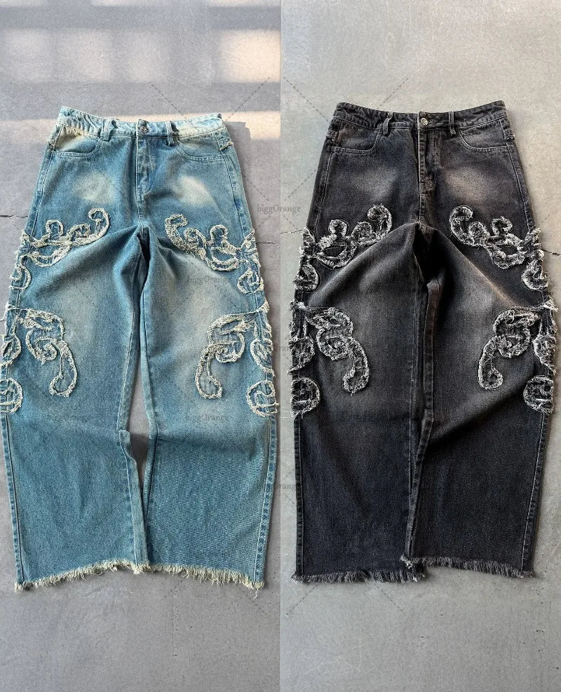 New American Fashion Line Embroidery Loose Versatile Jeans Men Street Hip-hop Retro Harajuku Y2K Straight Wide-leg Pants Women Street King Limited